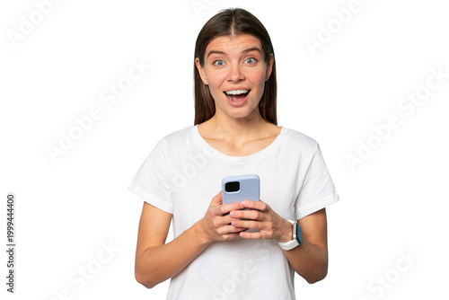 Excited woman holding phone with wow facial expression getting message of sales and discounts