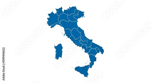 Blue Map of Italy with Regional Borders Isolated on White Background