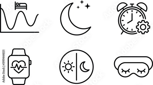 Set of sleep tracking line icons including sleep cycles graph, deep sleep moon, alarm clock, smartwatch monitor, and eye mask.