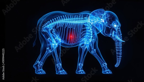 Digital visualization shows a glowing blue skeleton of an elephant against a dark background.