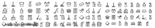 89 Housekeeping Cleaning Supplies Thin Line Icons Set with Broom Mop Vacuum Laundry Detergent and Sanitation Tools