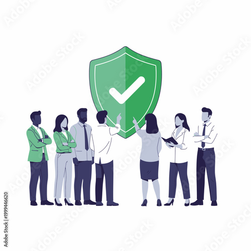 Employees Reviewing Workplace Ethics Training with Giant Shield Checkmark