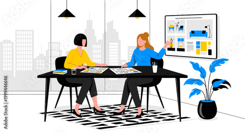 Two women collaborating on interior design plans at a modern office desk