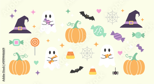 Cute Halloween icons with ghosts, pumpkins, and candy for festive designs