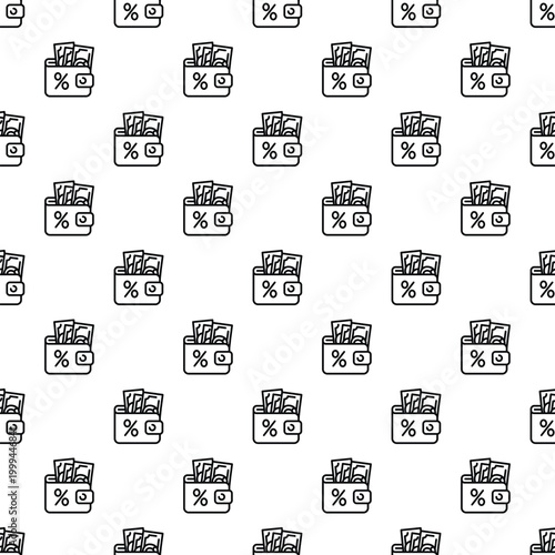 Wallets with cash and a percentage symbol forming a seamless line art pattern