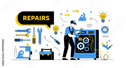 Skilled technician performing complex machinery repair with tools and lightbulb symbolizing ideas