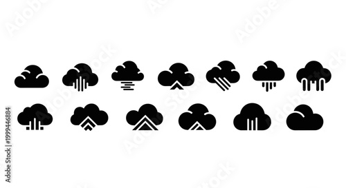 Collection of black cloud icons representing various weather conditions and data services