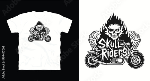 Skull riders burning motorcycle flame graphic t-shirt design.