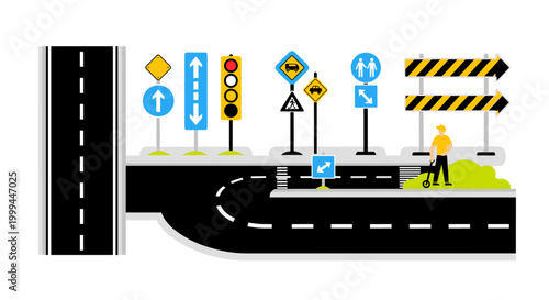Collection of traffic signs and road elements with a person on a scooter