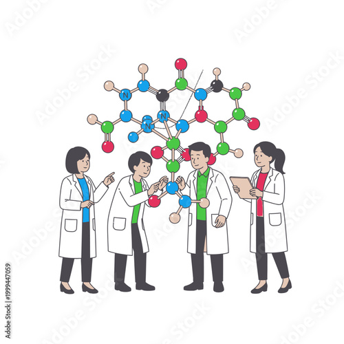 Young Scientists Interacting with Floating 3D Molecular Model Biotech Startup