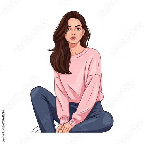 Bild auf Leinwand Young woman sitting casually wearing a pink sweater and jeans.