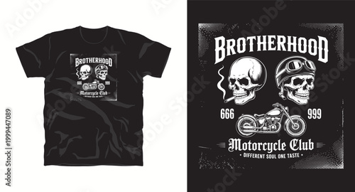 Motorcycle brotherhood t-shirt design with skulls and custom bike for motorcycle culture.