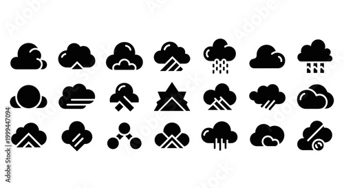 Collection of diverse cloud icons representing weather and technology concepts