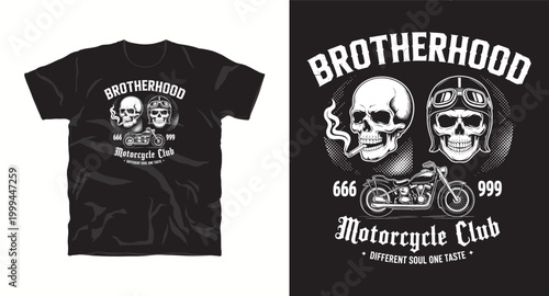 Brotherhood motorcycle t-shirt design with vintage skulls and motorcycle.