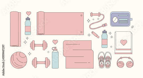 Collection of pastel fitness equipment and accessories for a healthy lifestyle