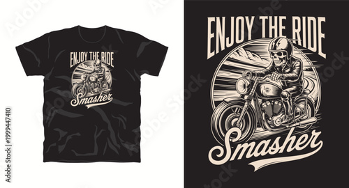 Skeleton rider on motorcycle t-shirt design enjoy the ride smasher graphic.