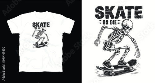 Skeleton skating on skateboard t-shirt design skate or die artwork.