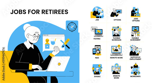 Senior woman working on laptop, exploring job opportunities after retirement