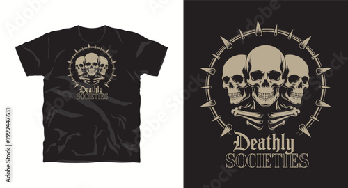 Triple human skulls with bones and spiked circle for t-shirt design apparel.