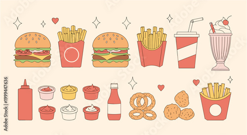 Collection of delicious fast food items and drinks in a fun, retro style
