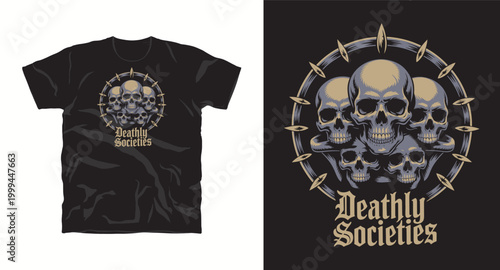 Multiple skull heads stacked with spiked halo for t-shirt design graphics.