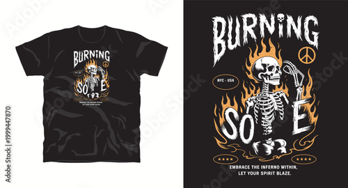 Burning soul vintage t-shirt design with skeleton in flames and peace symbol.