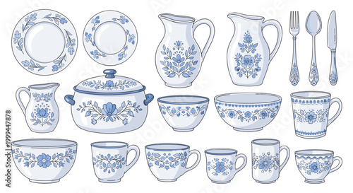 Porcelain tableware set: plates, cups, teapot, utensils, blue floral pattern illustration
