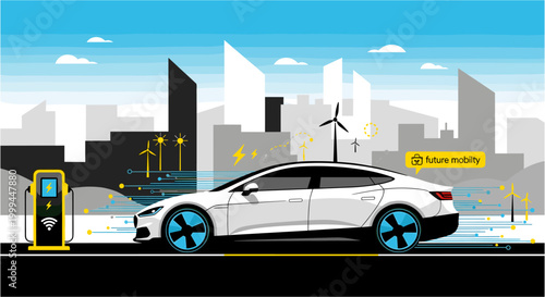 Modern electric car charging in a futuristic city with wind turbines