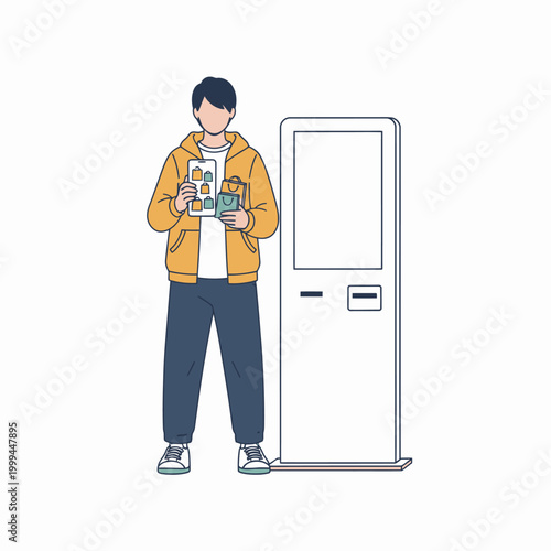 Customer Using Smartphone Shopping App at Modern Digital Retail Kiosk