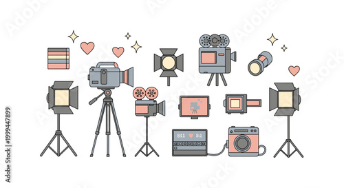 Collection of flat design icons for filmmaking and video production equipment