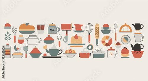 Collection of stylized kitchenware and food items in a flat design