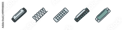 Colored Hand Drawn Harmonica Icons Set with Realistic Muted Tones
