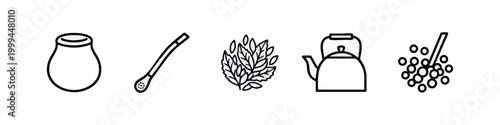 Line Art Yerba Mate Icons Set featuring Gourd Straw and Tea Leaves