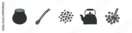 Colored Hand Drawn Yerba Mate Icons Set with Traditional South American Tea Elements