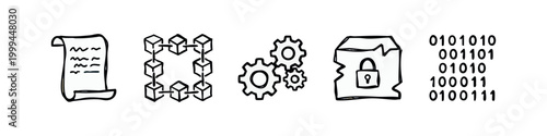 Technology and Blockchain Black and White Doodle Icon Set with Smart Contract Gears and Security Lock