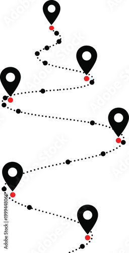 Minimalist zigzag winding path with location map pins and dotted line, concept of journey, travel navigation, milestones, and logistics tracking.