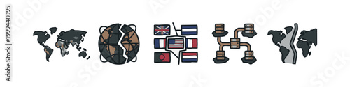 Colorful International Networking Icons Set Representing Global Connectivity and Data Systems