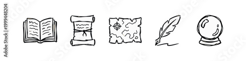 Sketchy hand drawn fantasy RPG icons set featuring magic book, scroll, treasure map, quill and crystal ball.