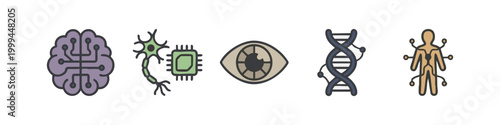 Colorful flat icons for future tech and biotechnology including ai brain, electronic neuron, bionic eye and dna helix.