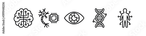 Clean outline icons for cybernetics and artificial intelligence featuring neural brain, bionic vision and genetic dna.