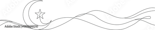 Continuous line art crescent moon and star with flowing waves. Simple outline editable stroke. Minimal line width vector illustration