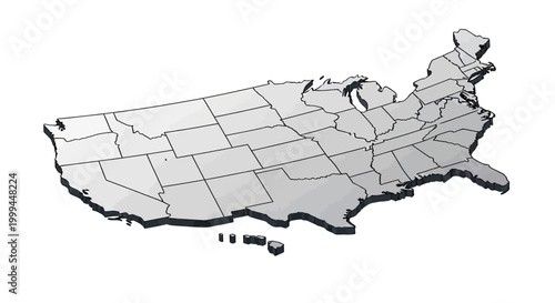 Isometric vector illustration depicting the United States map with state borders, rendered in a clean, minimalist style with subtle gradients and drop shadows, set against a stark white