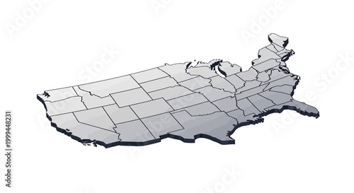 A simple, minimalist 3D rendering of the United States of America's map with state borders is depicted on a stark white background, creating a clean and informative visual, with neutral