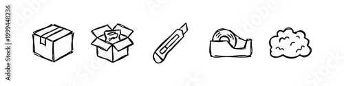 Hand drawn sketchy shipping and moving icons set with cardboard boxes, utility knife, packing tape and bubble wrap.