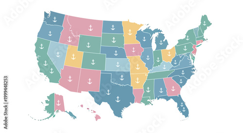 Pastel-colored United States map against a white background features anchor icons in each state, representing maritime industry, transportation, or coastal regions, with a flat lay
