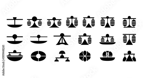 Collection of diverse balance scale icons representing justice, measurement, and equilibrium