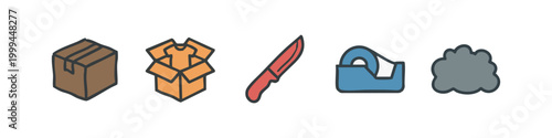 Colorful flat shipping and ecommerce icons set with parcel boxes, packing tape, box cutter and shipping materials.