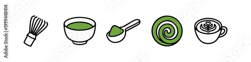 Japanese Matcha Tea Traditional Preparation Line Icons
