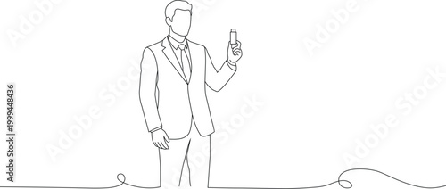 Businessman holding a pen drive in continuous line art drawing. Simple outline editable stroke. Simple contour art vector illustration