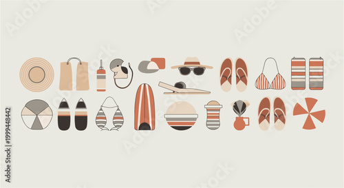 Flat lay of beach essentials and summer vacation items in a minimalist style